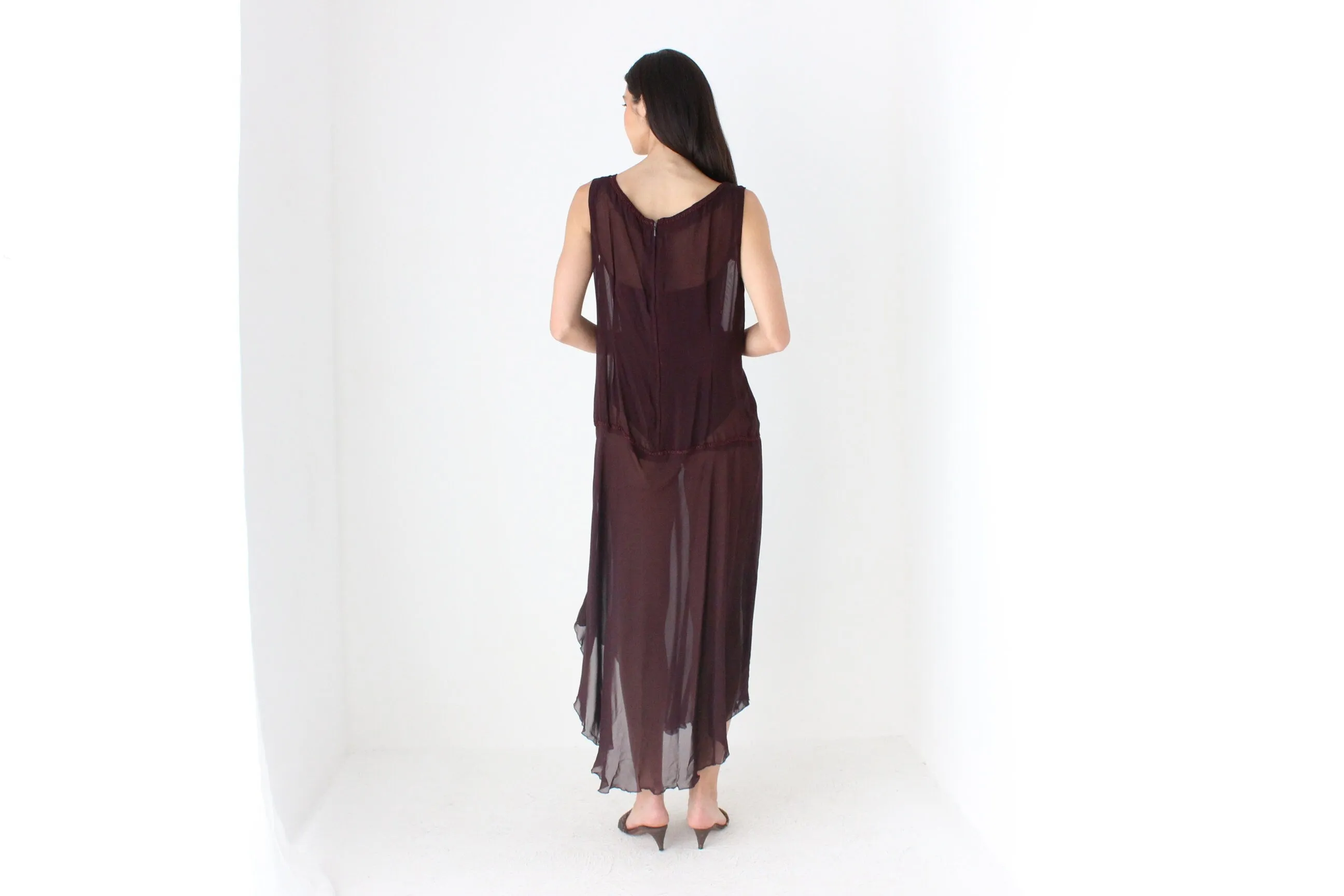 90s Sheer Grunge Eggplant Chiffon Gauze Sheath Dress