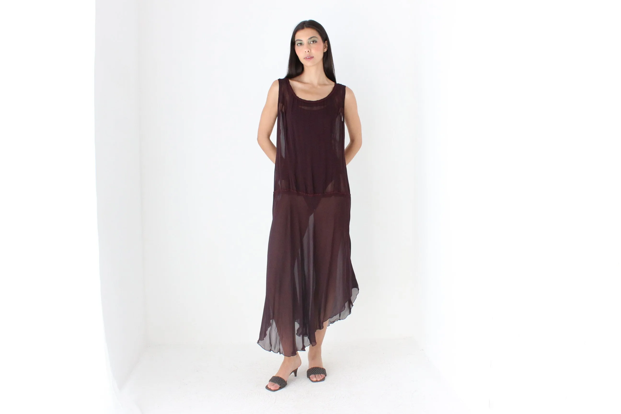90s Sheer Grunge Eggplant Chiffon Gauze Sheath Dress