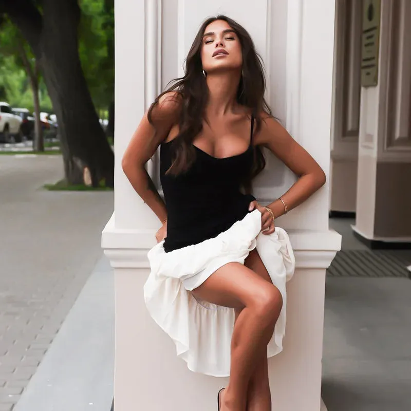 Black Strap White Frill Patchwork Maxi Dress