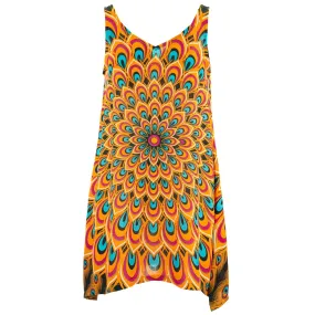 Floaty Asymmetrical Summer Dress  - Peacock Mandala Orange Blue