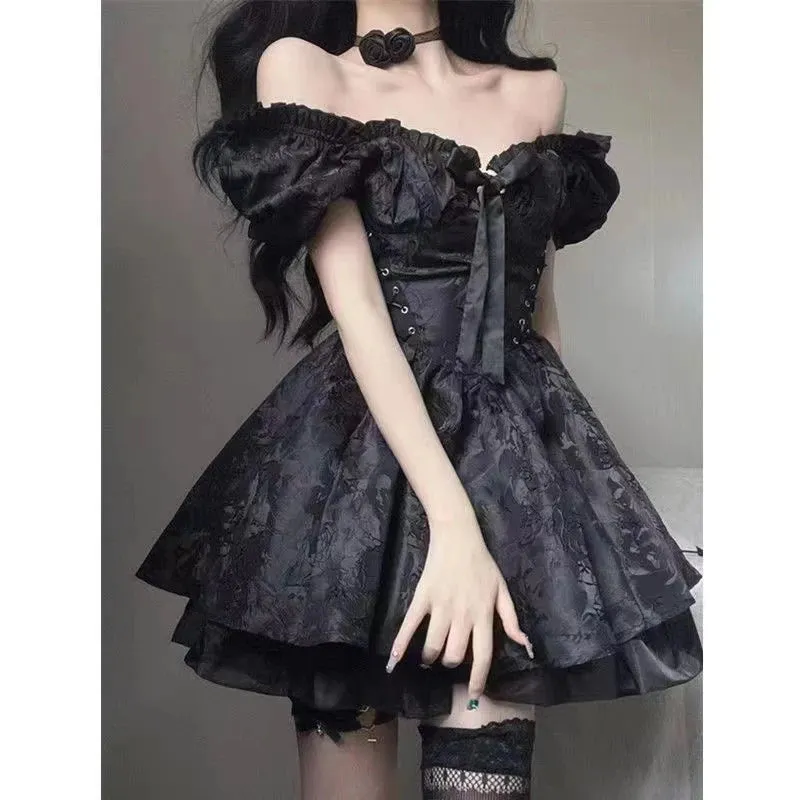 Gothic Black Mini Dress Women Vintage Sexy Spaghetti Strap High Waist  Dresses 90s Egirl Punk Grunge Slim Party Club Dress Women