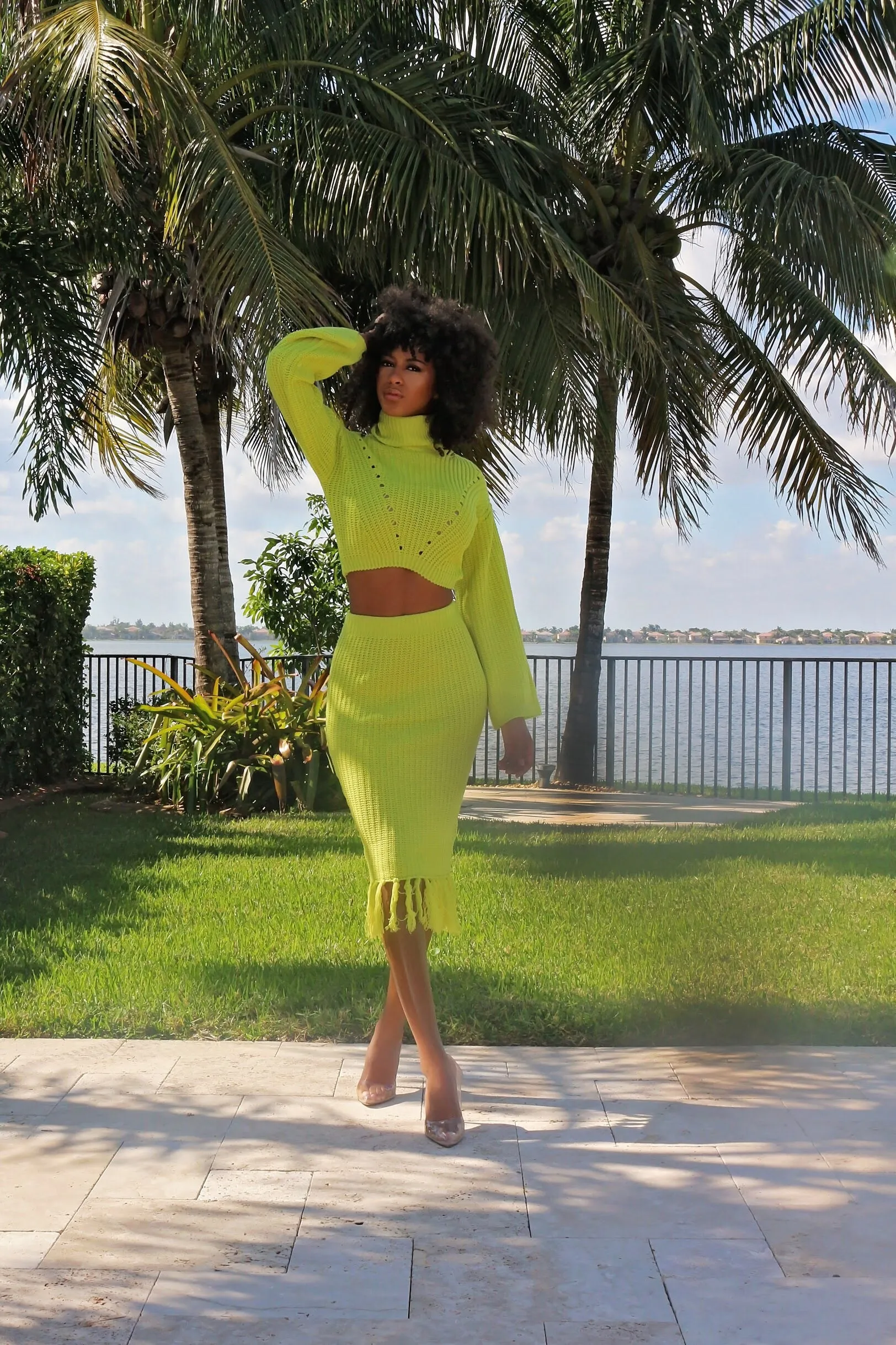 knitted Sweater Skirt Set- Lime