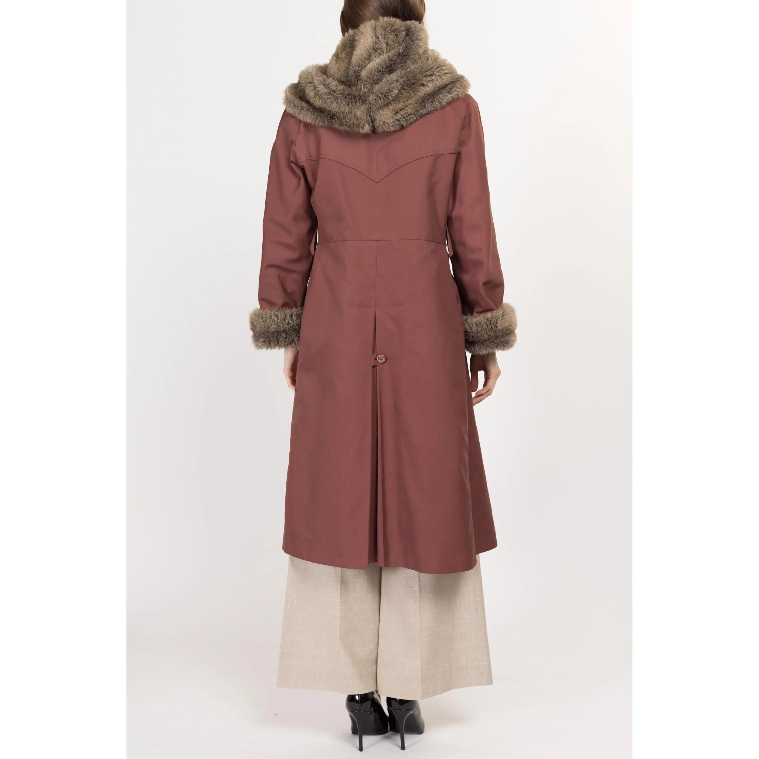 Medium 70s Mauve Hooded Faux Fur Trim Coat