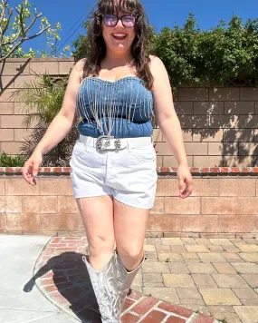 Medium Wash Rhinestone Fringe Strapless Denim Bodysuit