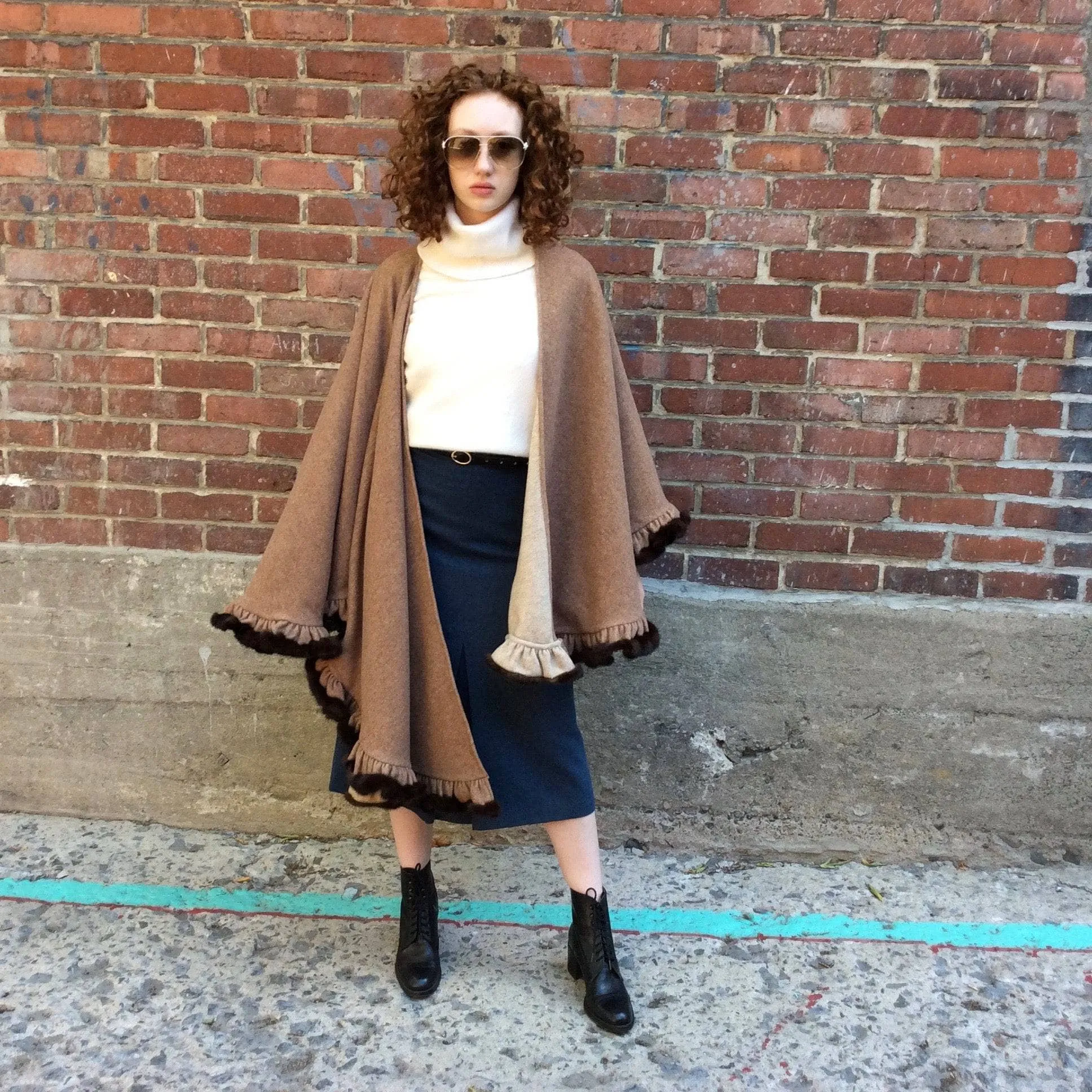 Reversible Wool Shawl With Flounce Hem and Mink Fur Trim