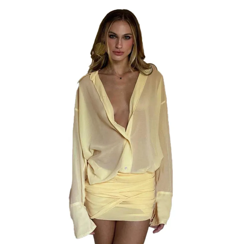Ruby Sexy Long Sleeve Turn-down Collar Bag Hip Strap Shirt Dress