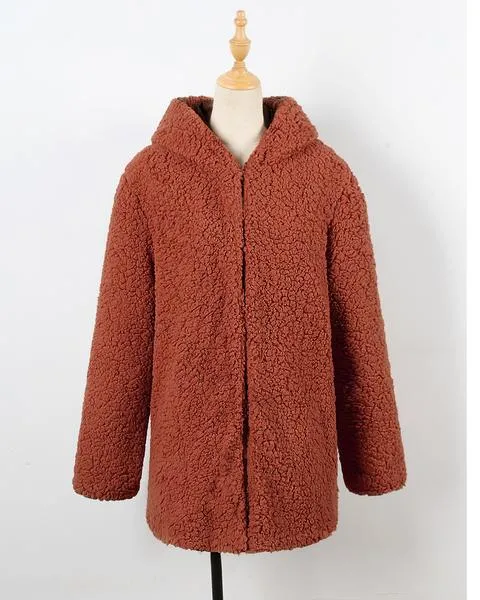 Solid Color Open Women Oversized Hooded Long Teddy Coat