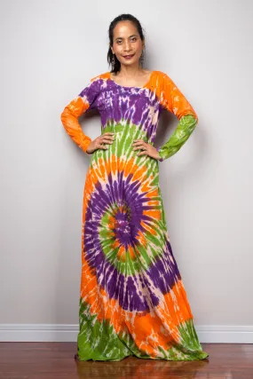 Tie dye swirl dress, Hippie Festival maxi dress, Long Sleeve Rainbow dress, Colourful gypsy dress