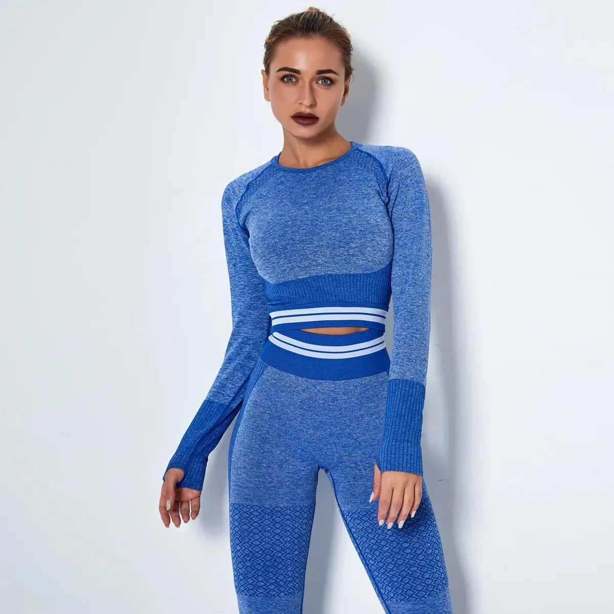 Women's Waist Stripe Seamless Yoga Top for Gym - Long Sleeve Fitness Leggings Shirt
